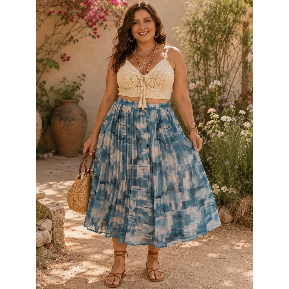 Boho Cottagecore Wedding Summer Artsy Green Ivory Abstract Pleated M Midi Skirt